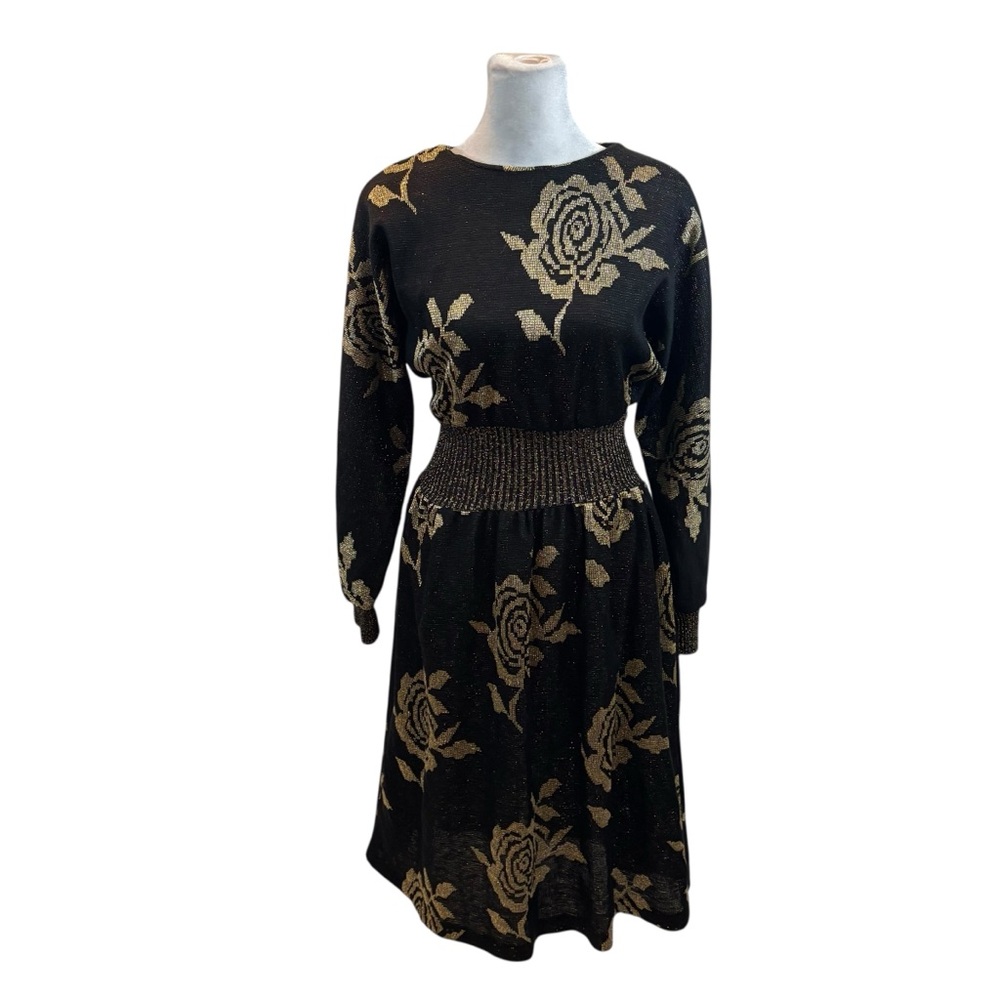 Vinatge 1980’s Alicia Brand Black and Gold Knit Long Sleeve Dress Size 8‎ Petite